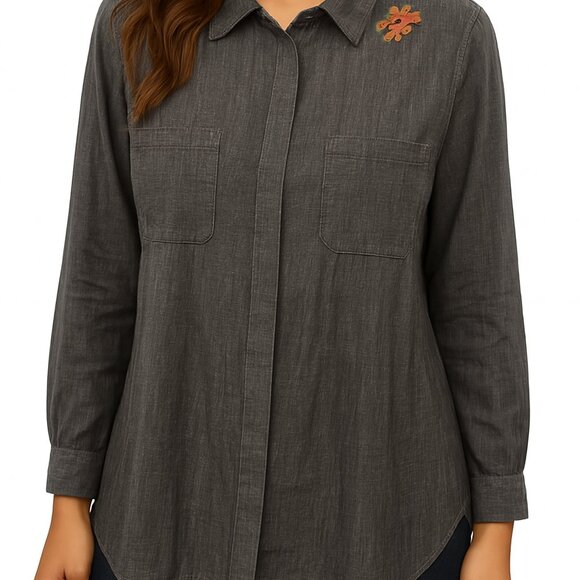 Velvet Heart Womens Gray Button Front Embroidery CountryCore Shirt Size Med NWOT - Picture 1 of 7